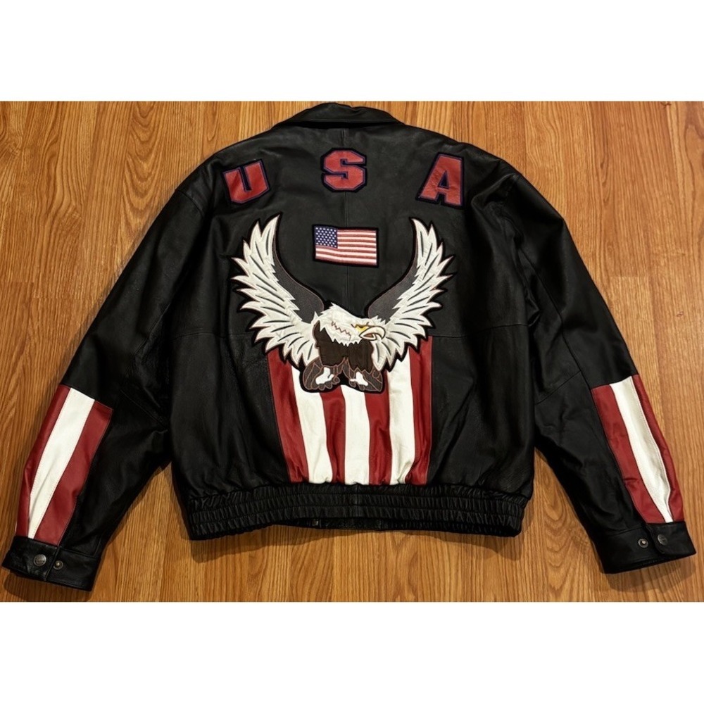 Vintage Oscar Piel USA Eagle American Flag Leather Moto Bomber Biker Jacket 4XL